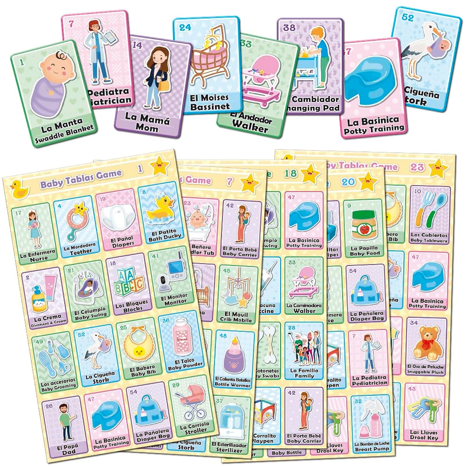 Baby Shower Loteria Fiesta Bilingual Game - Mexican Bingo In English And Spanish, For Up To 30 Players