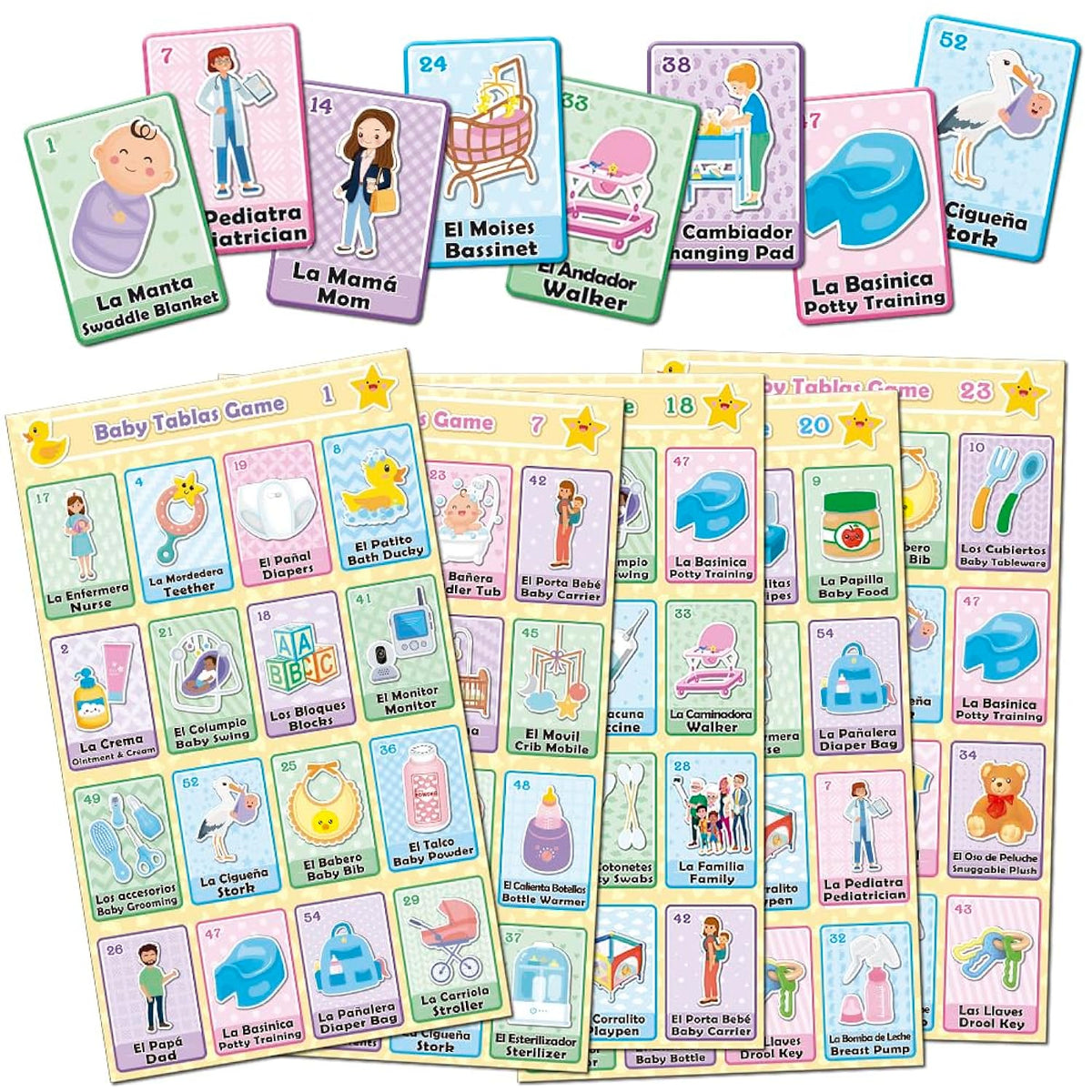 Baby Shower Loteria Fiesta Bilingual Game - Mexican Bingo In English And Spanish, For Up To 30 Players