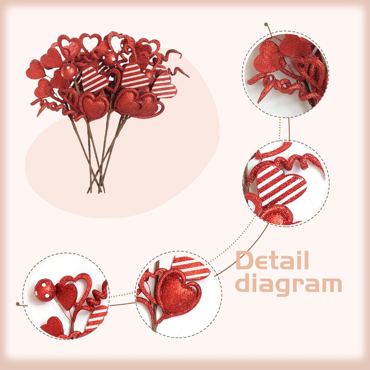 6 Pcs Valentine'S Day Decorative Stems, Handmade Fade-Resistant Red Artificial Flower Stems For Diy Wreath, Table Centerpiece, Wedding & Party Decor, Romantic Home Decorations