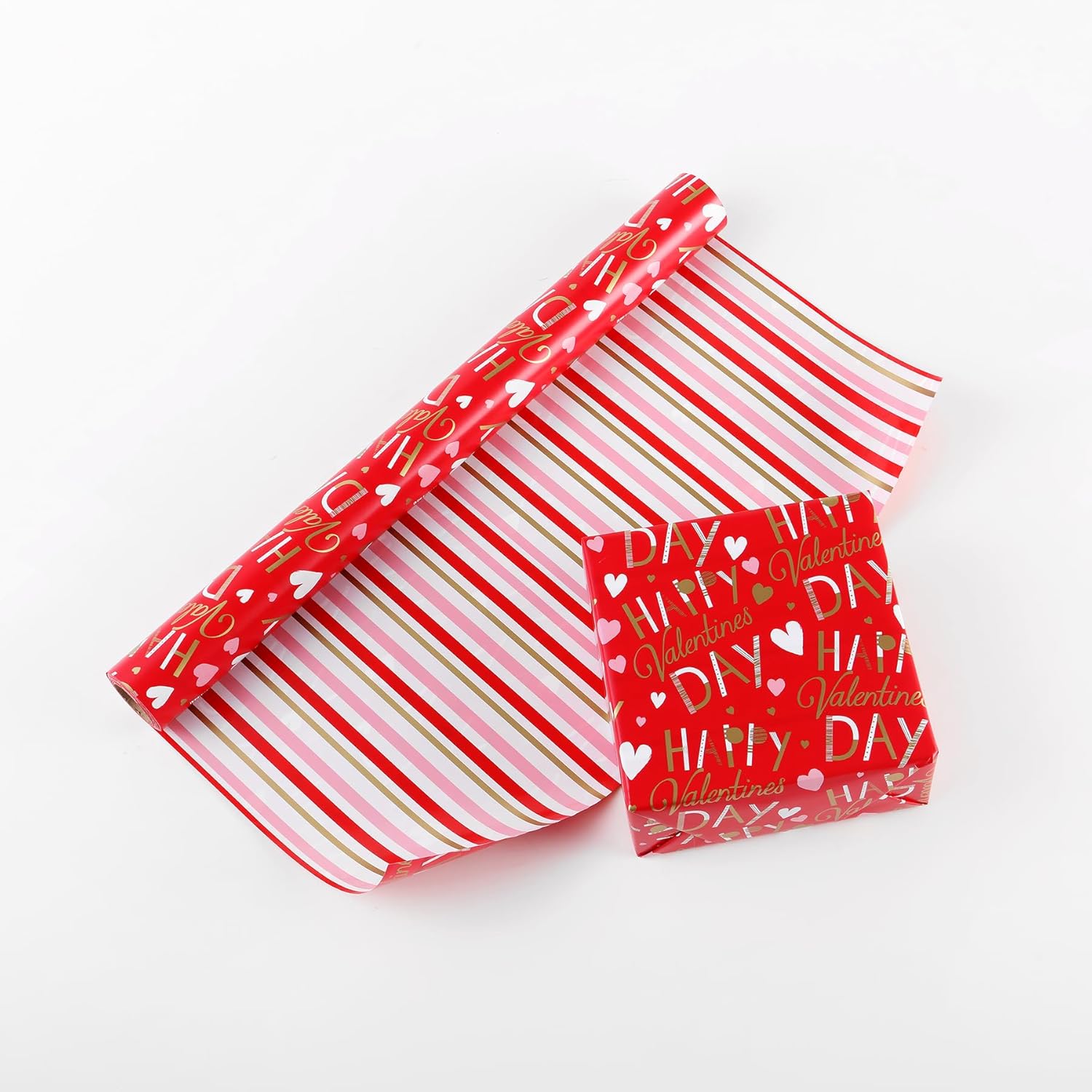 Red Wrapping Paper Roll, 17 Inch X 32.8 Feet, Happy Valentine'S Day - Colorful Stripes Design Gift Wrap For Valentine'S Day, Wedding, Bridal Shower, Birthday, Baby Shower, Party
