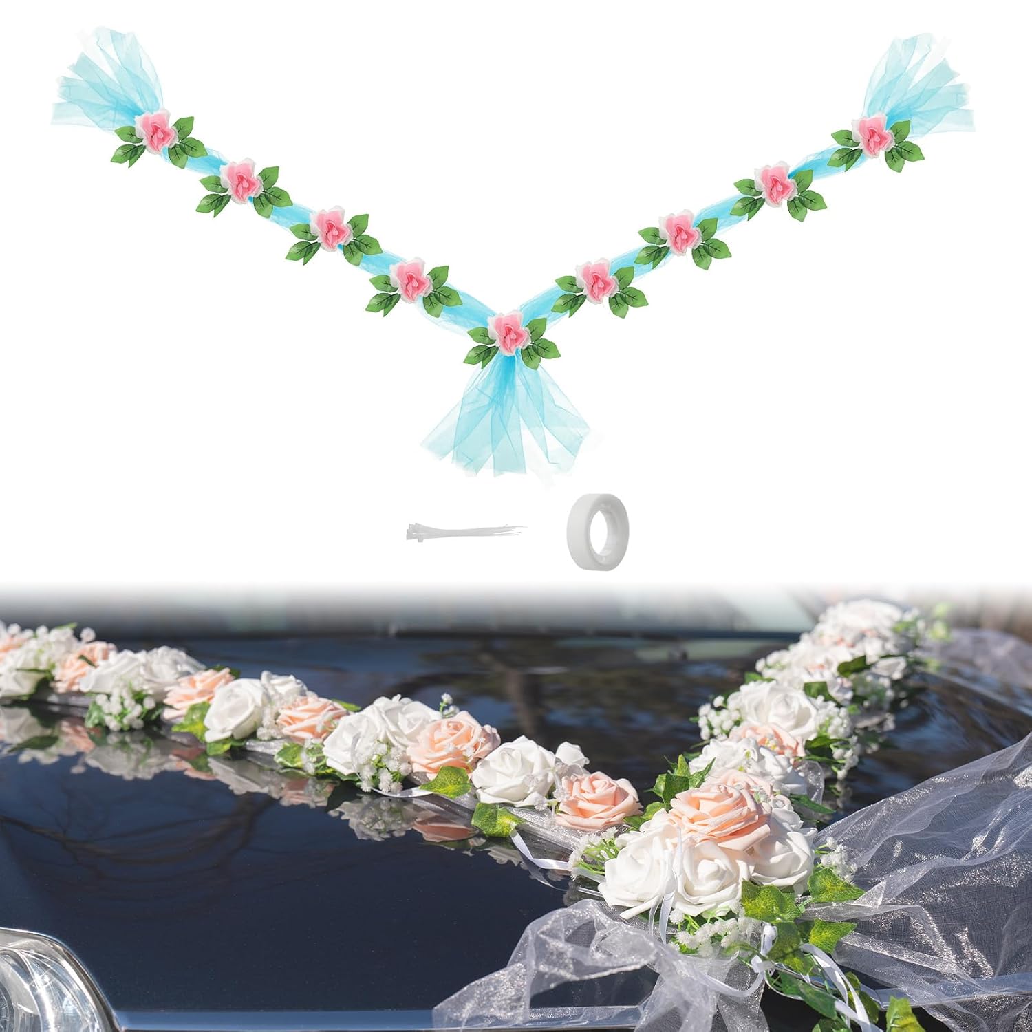 Wedding Car Flower, Artificial Flowers Bouquet Set Wedding Car Decoration For Decoration Handle Ornament Supplies Party Events Accessories, Pink Blue