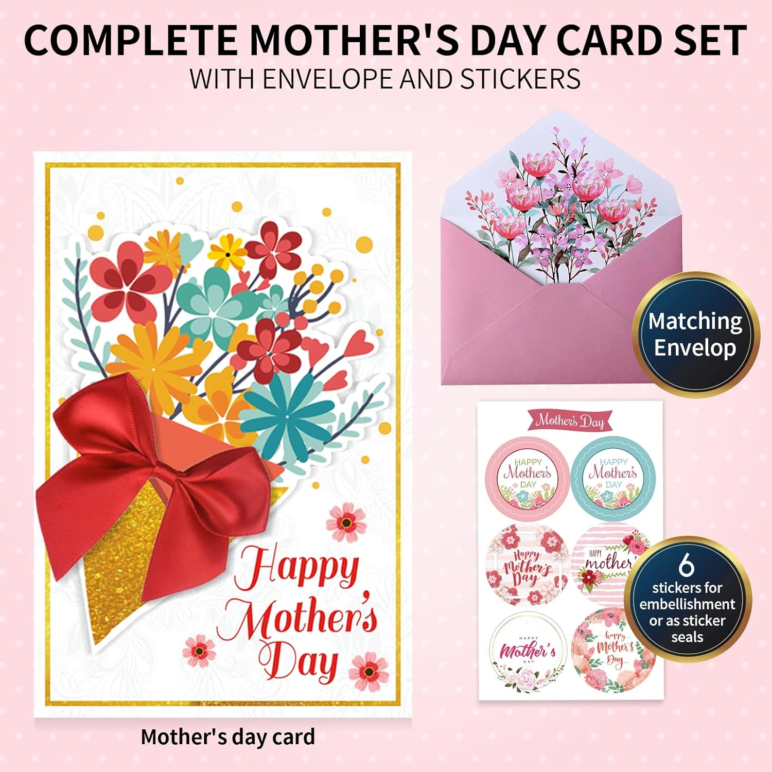 Happy Mothers Day Card With 3D Floral And Ribbon Designs, Textured Mother'S Day Card For Mom Grandma With Envelope And Stickers