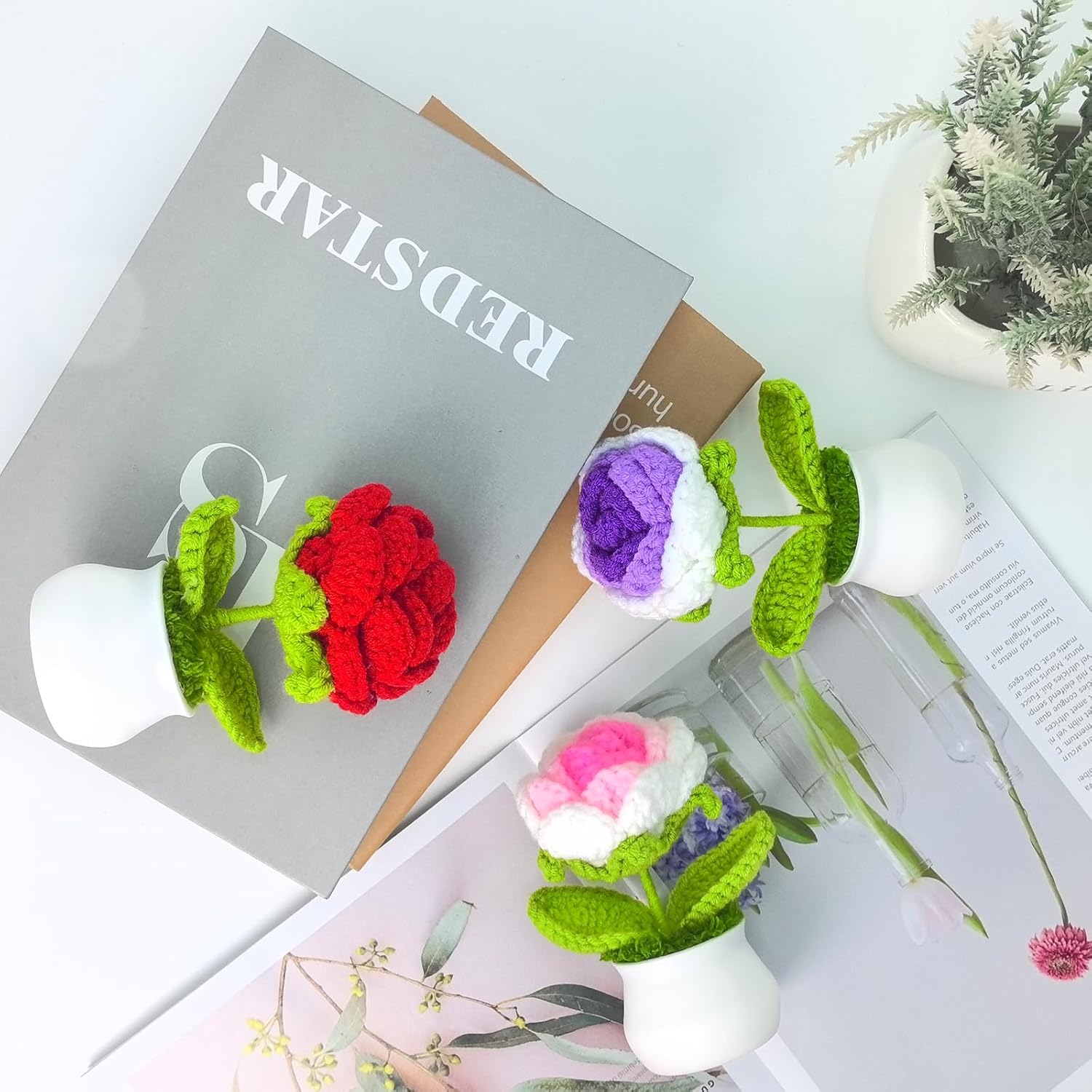 3 Pcs Crochet Flowers Artificial Sunflower Small Potted Plants For Home Desk Car Office Decor Birthday For Mom Teacher Women Friends (Single Head Rose)