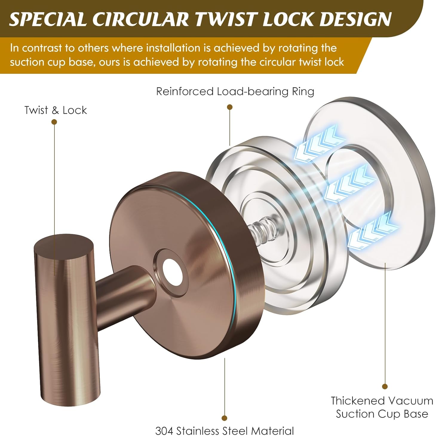 Suction Cup Hooks For Shower,Heavy Duty Shower Towel Suction Hooks,No Drill Wall Mounted Towel Hooks For Bathrooms Wall,Kitchen,Glass,Mirror,Tile To Hang Towels,Robes,Coat-Champagne Bronze(2 Pack)