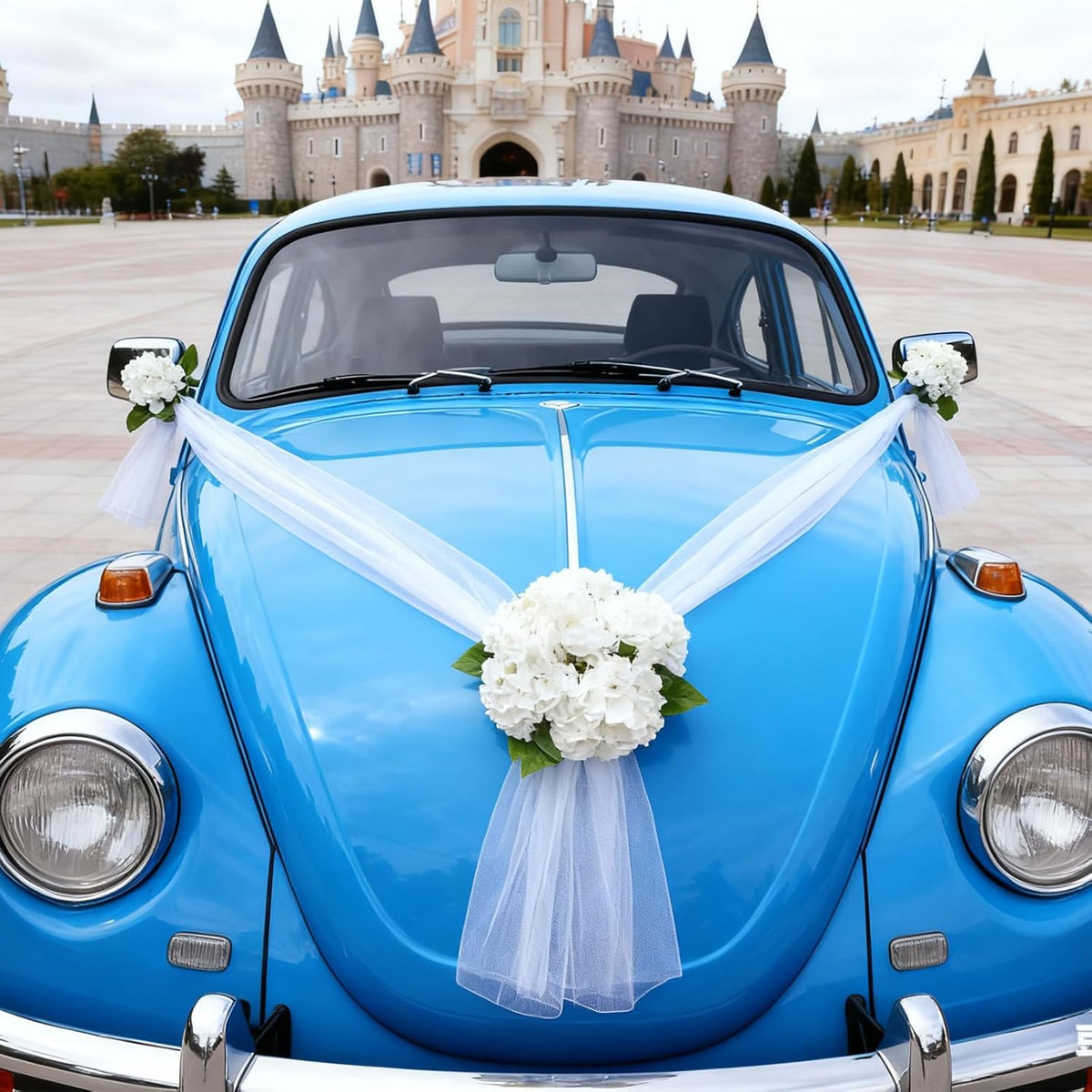 Wedding Car Decoration With White Satin Ribbons & Artificial Flowers – Just Married Vehicle Decor For Bridal Shower, Wedding Ceremony