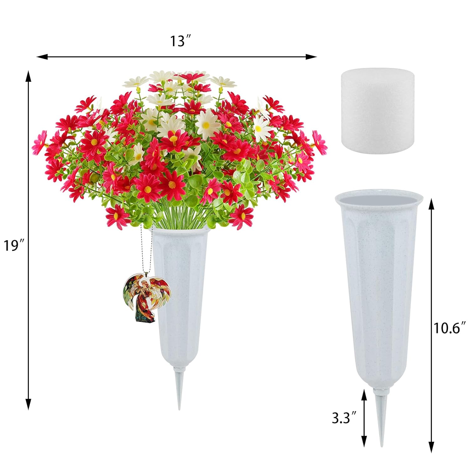 Cemetery Artificial Flowers With Vase Angel Mark - 2 Set Artificial Red Chrysanthemums Grave Memorial Flowers- Prayer Angel & Trumpet Angel Memorial Pendant For Headstones Gravesite Decoration