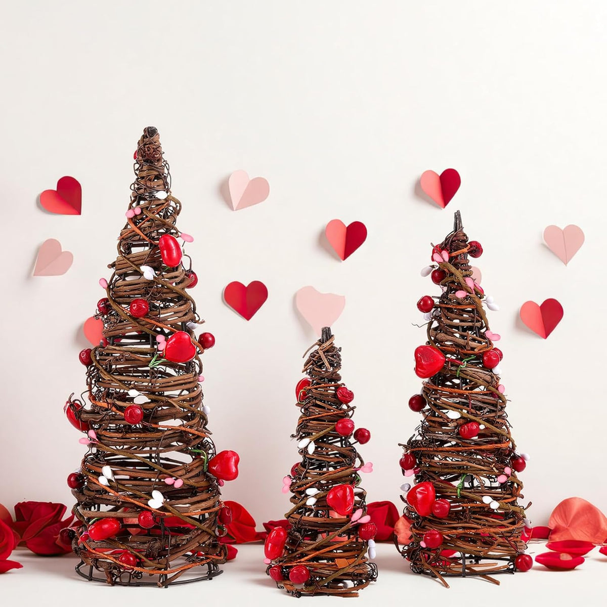 3 Pcs Valentine'S Day Table Rattan Trees-Valentine'S Table Rattan Trees With Berries, Red Pink White Heart Centerpieces Decorations For Wedding Anniversary Party, Romantic Home Decor