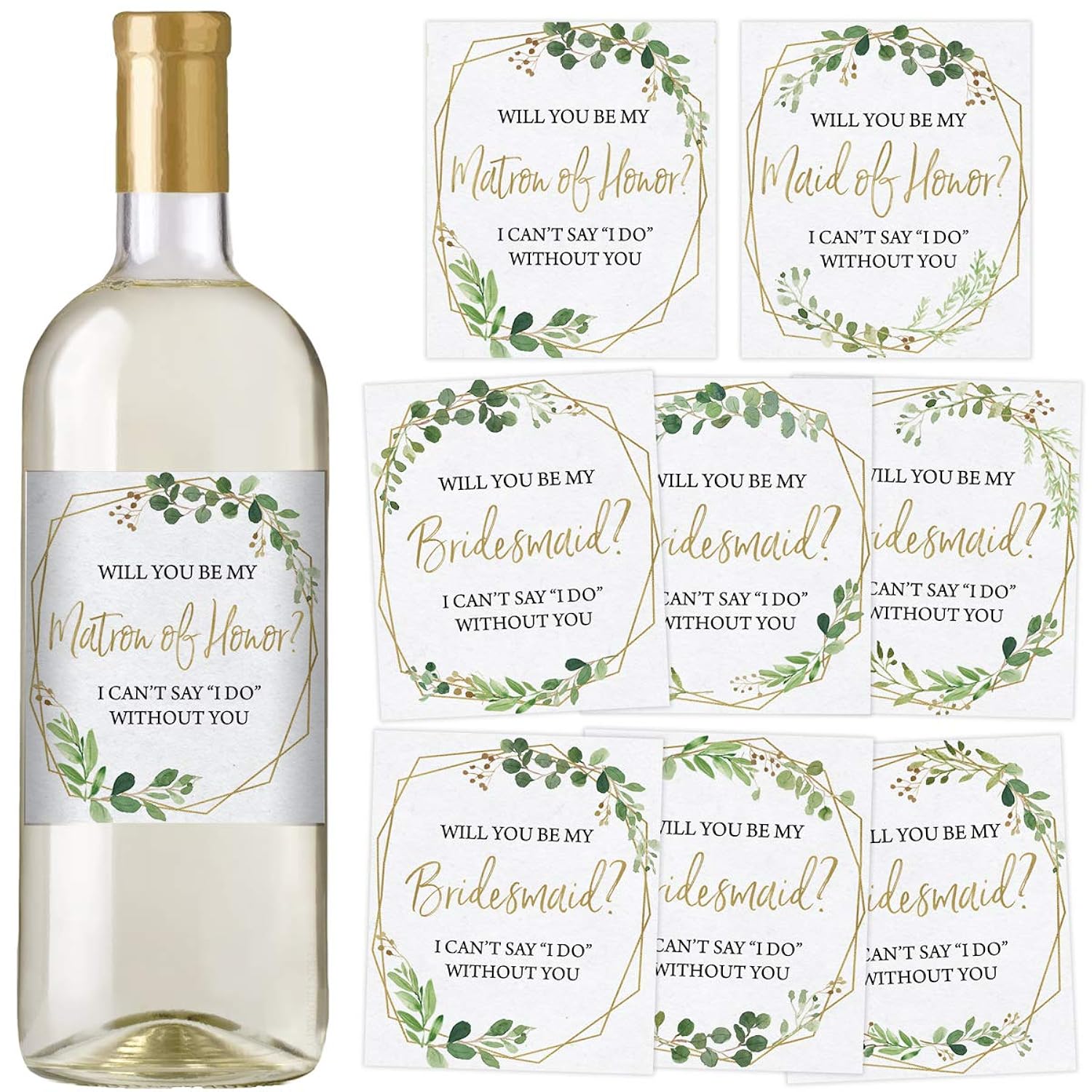 Bridesmaid Proposal Wine Bottle Label Gift, Greenery, Set Of 8