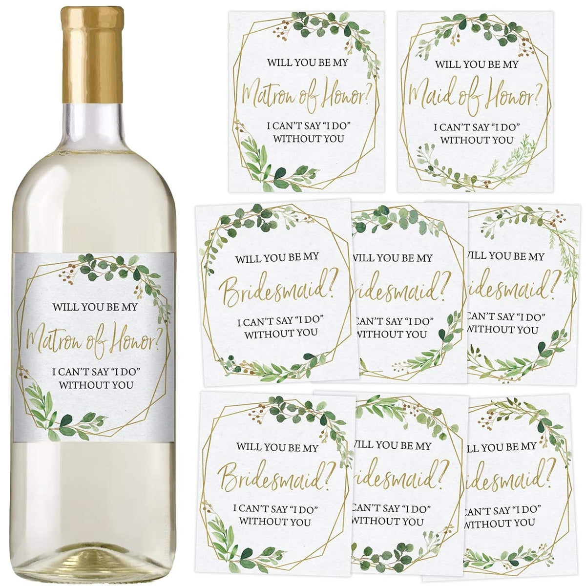 Bridesmaid Proposal Wine Bottle Label Gift, Greenery, Set Of 8
