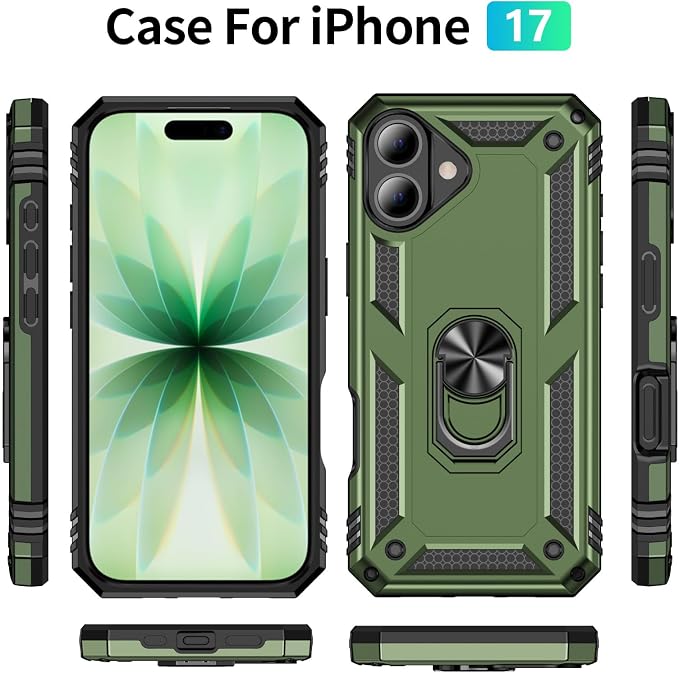 iPhone 17 Case iPhone 18 Case with Screen Protector and Built-in Kickstand Army Green Full Body Cover