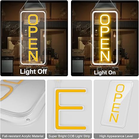 Ultra Bright LED Open Neon Sign 22.8 x 11.8 Inch 12V Vertical Business Window Light