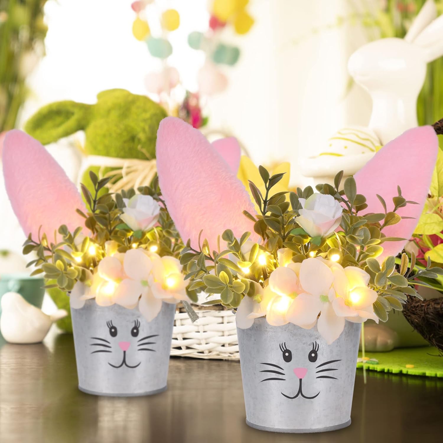 2 Pcs Easter Table Decorations Artificial Flower With Bunny Ear, Lighted Easter Desk Decor Bunny Flowers, Easter Tabletop Decorations For Home Table Mantle Office Spring Party
