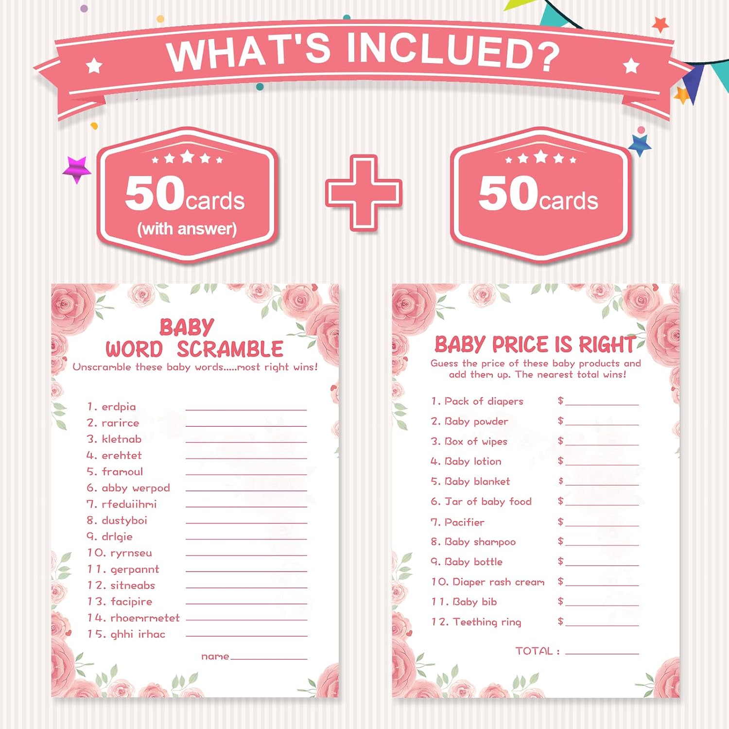 Baby Shower Games For Girl-2 Games(50 Of Each),Baby Shower Word Scramble Game&Price Is Right,Double-Sided,Thick Cardboard,Fun,Hilarious,With Answer Keys