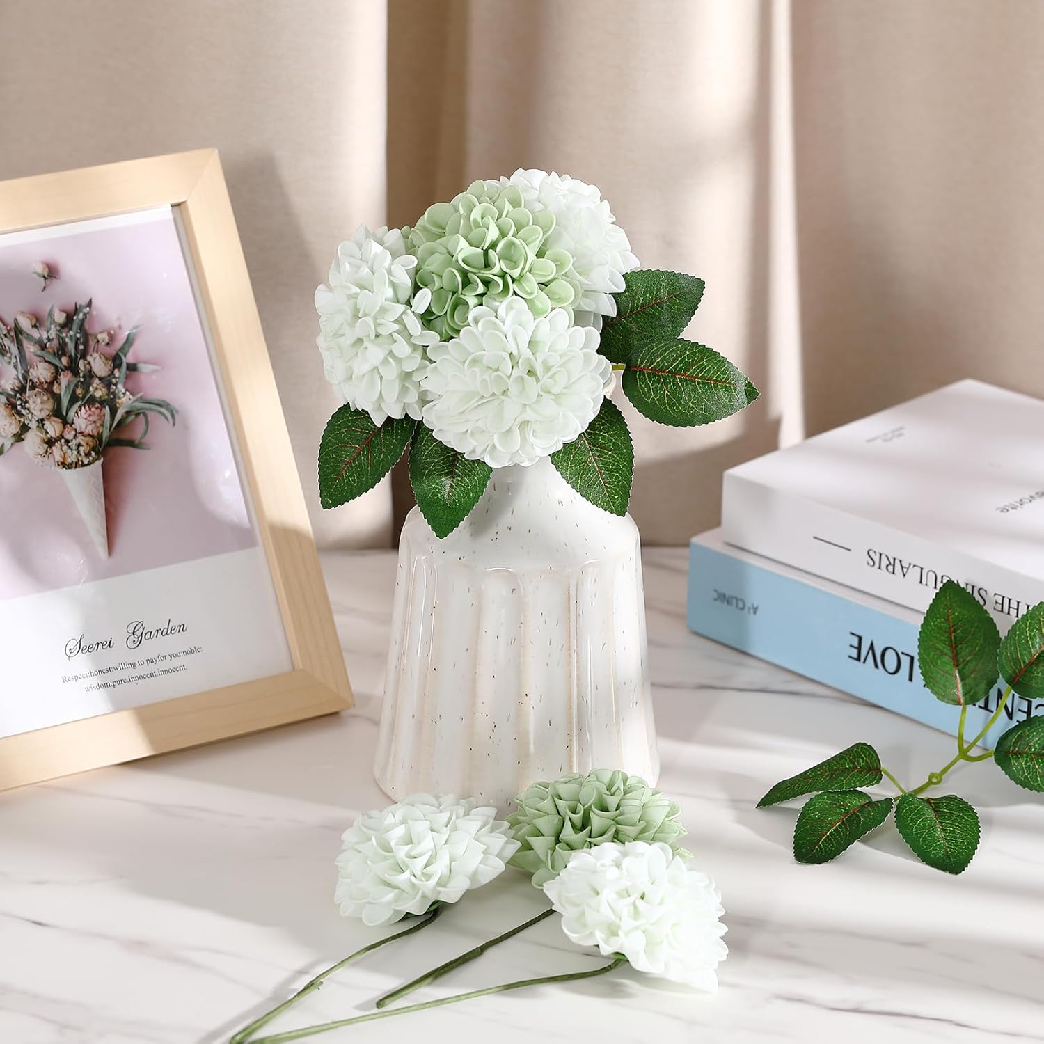 50 Pcs Sage Green Artificial Flowers With Stem For Diy Wedding Bouquets Centerpieces Arrangements, Green And White Dahlia Flowers For Bridal Shower Party Home Decorations, 3.15 Inches