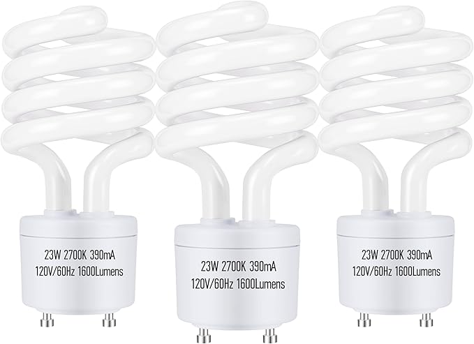 GU24 23W CFL Light Bulbs T3 Spiral 2700K Soft White 1600 Lumens 100W Equivalent 3 Pack