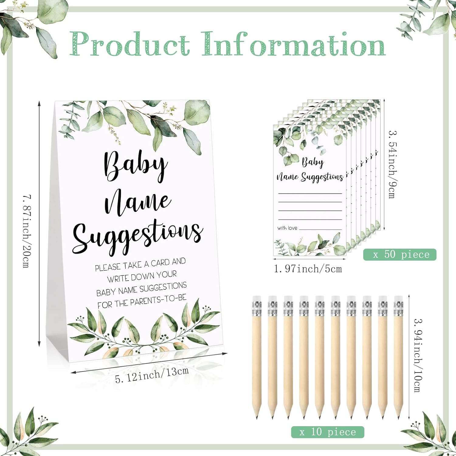 61 Pcs Baby Shower Games, Greenery Name Suggestion Sign 50 Funny Baby Shower Name Suggestion Cards With 10 Pencils For Gender Reveal Birthday Party Supplies Decorations