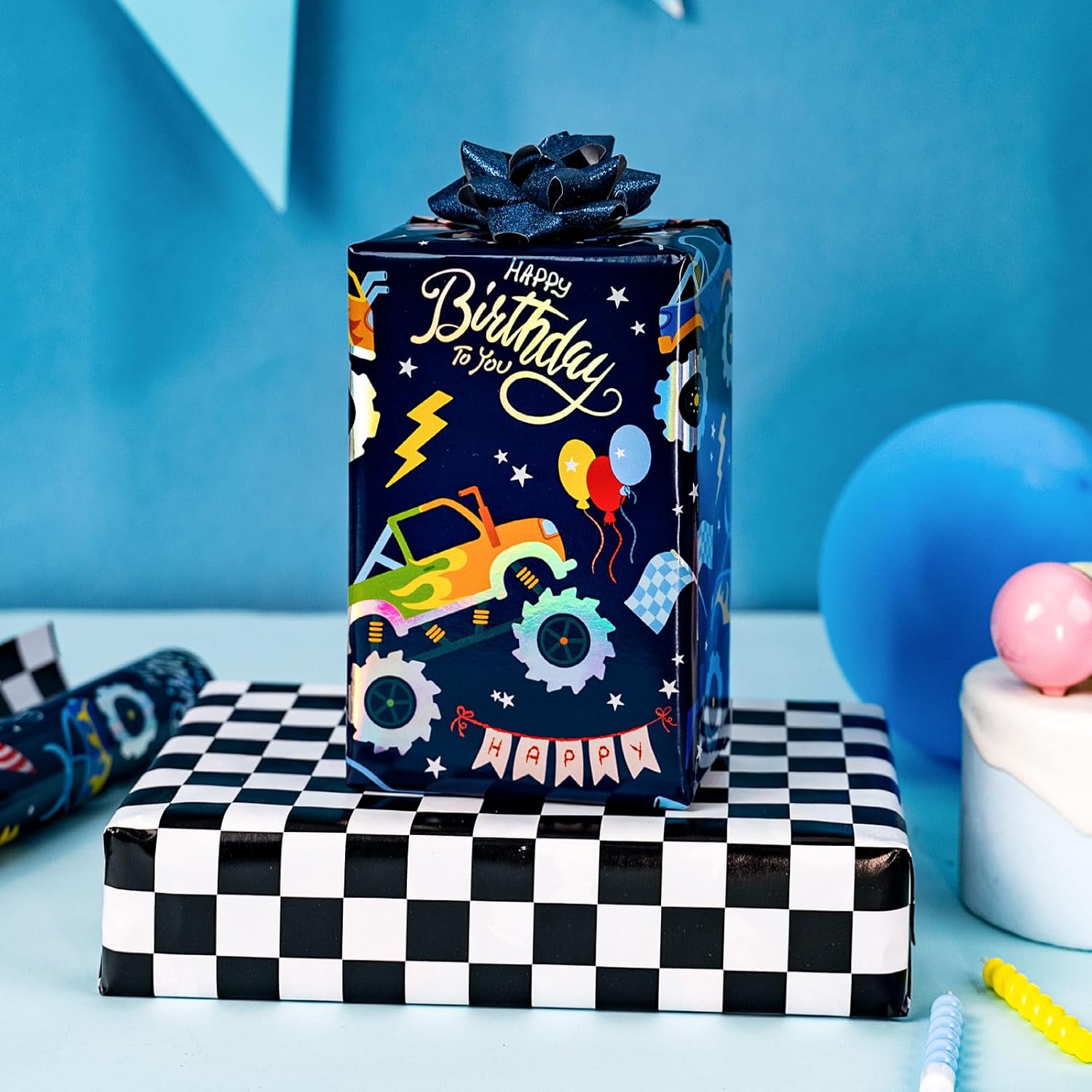 Monster Truck Wrapping Paper Roll, Reversible Checkered Flag Birthday Gift Wrap, Perfect For Kids And Boys Birthdays, 17 Inch X 33 Feet