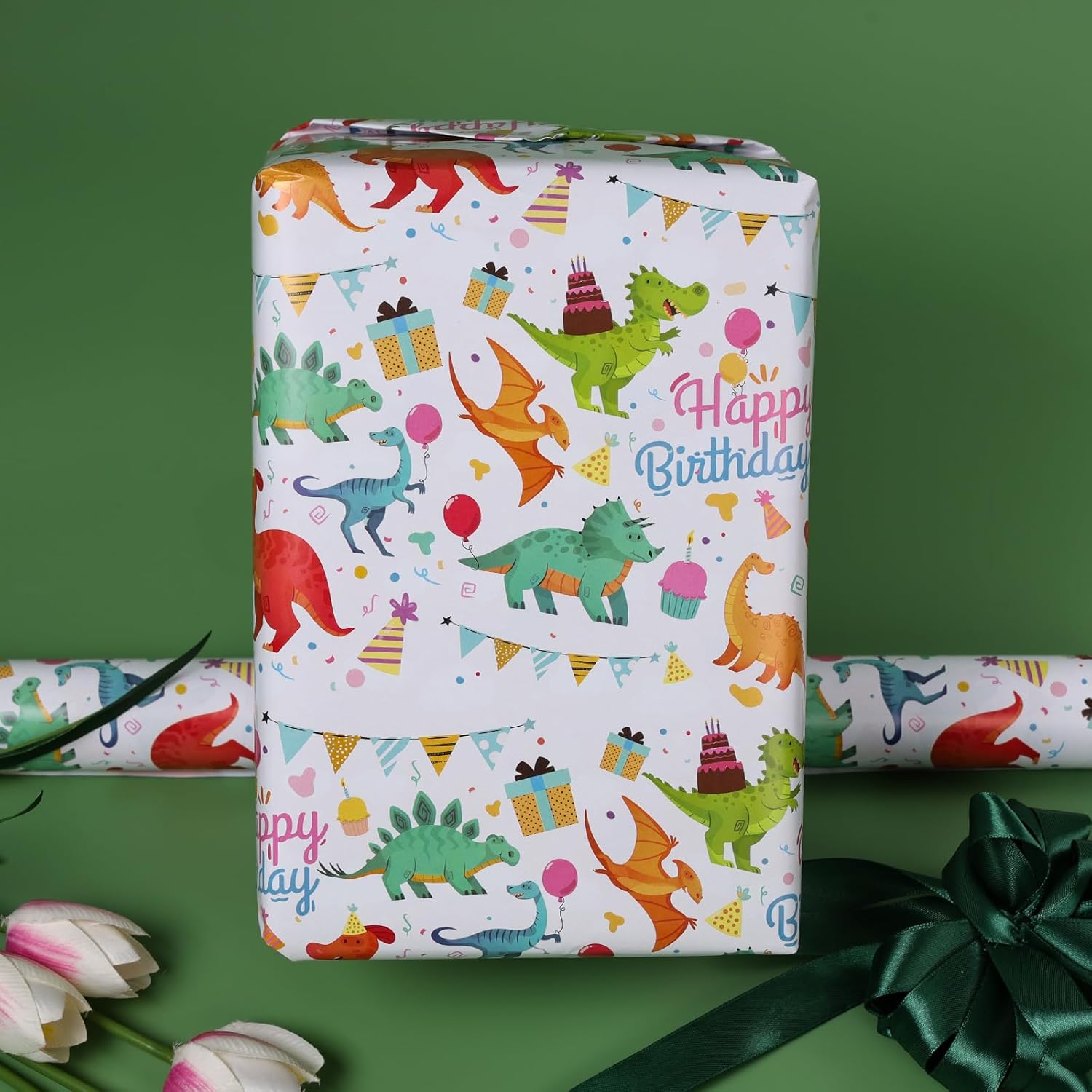 Gift Wrapping Paper Roll,Cute Dinosaurs Happy Birthday Wrapping Paper For Boys,Wrapping Paper Rolls Gift Wrap Paper Dinosaur Parties,Baby Showers,Happy Bday Wrap,17 Inch X 32 Ft Per Roll