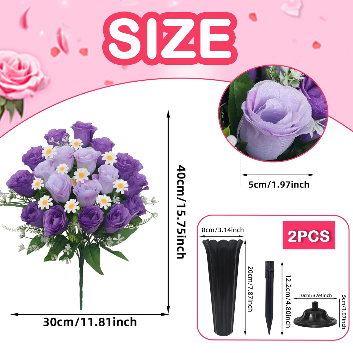 Artificial Cemetery Flowers For Grave Memorial Day Flowers For Cemetery,2Pack Artificial Silk Roses Daisy Bouquets With Cemetery Vases For Outdoor Grave Decorations ? (Purple)
