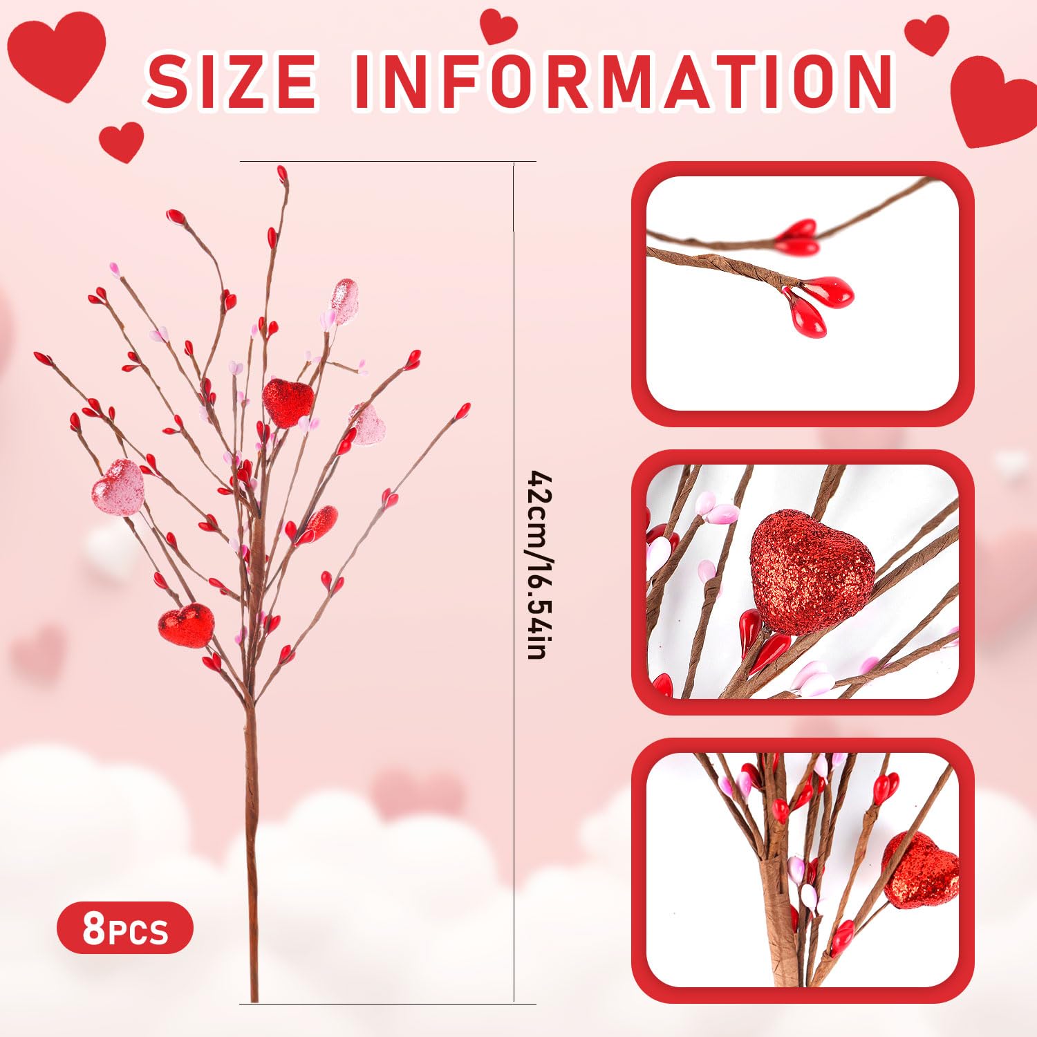 8Pcs Valentines Day Decorations Flowers Artificial Berry Floral,Red Pink White Valentine Heart Shaped Branches Gifts For Home,Valentines Party Decor,Wedding,New Year Decor