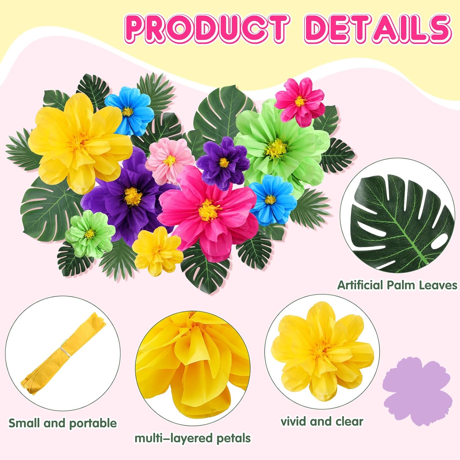 42 Pcs Tissue Paper Flowers Faux Palm Leaves Set 12 Pcs 20''/10'' Colorful Giant Paper Flowers And 30 Pcs Tropical Leaves For Summer Hawaiian Luau Mexican Fiesta Birthday (Stylish Colors)