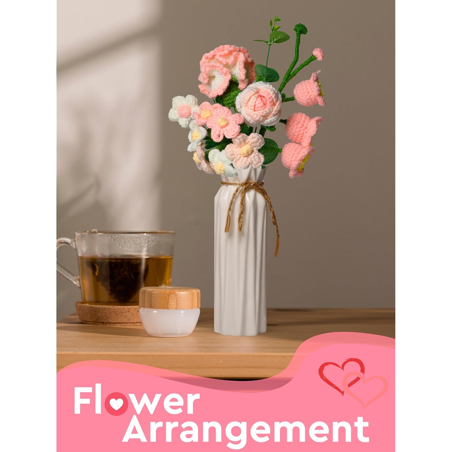 Crochet Flowers, Crochet Flowers Bouquet With Carnation, Lily Of The Valley, Roses, Forget Me Not & Puff, Comes With Sophisticated Gifts Box & Bag