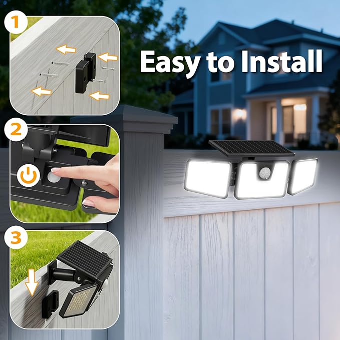 2 Pack 3000LM Solar Motion Sensor Security Lights 156 LED 3 Head Waterproof Flood Lights