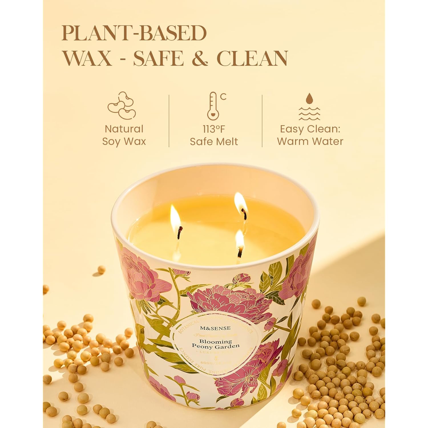 Blooming Peony Scented Candle, 28.2Oz 3 Wick Natural Soy Wax Large Candles, Long Lasting Clean Slow Burning No Toxic Décor For Home Relaxation, Romantic Dates & Gift-Giving