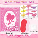 Pin The Crown On The Princess Party Game, Pink Girl Party Game, Large Poster With 36 Pcs Bow Stickers Favors For Girls Princess Birthday Party Supplies