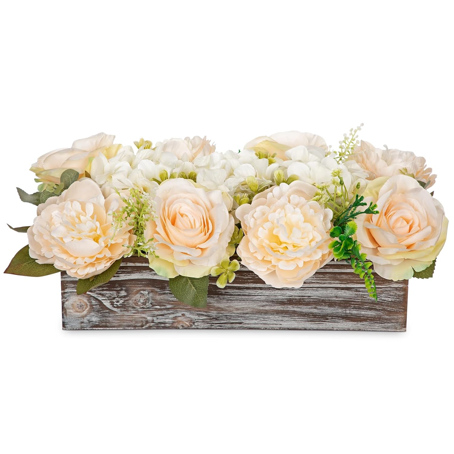Flower Arrangement With Wooden Vase 14" Artificial Flowers In Pot - Fake Flowers Roses Peonies Hydrangeas In Wooden Vase Potted Flower Centerpieces For Table Decor Living Room - Pale Yellow
