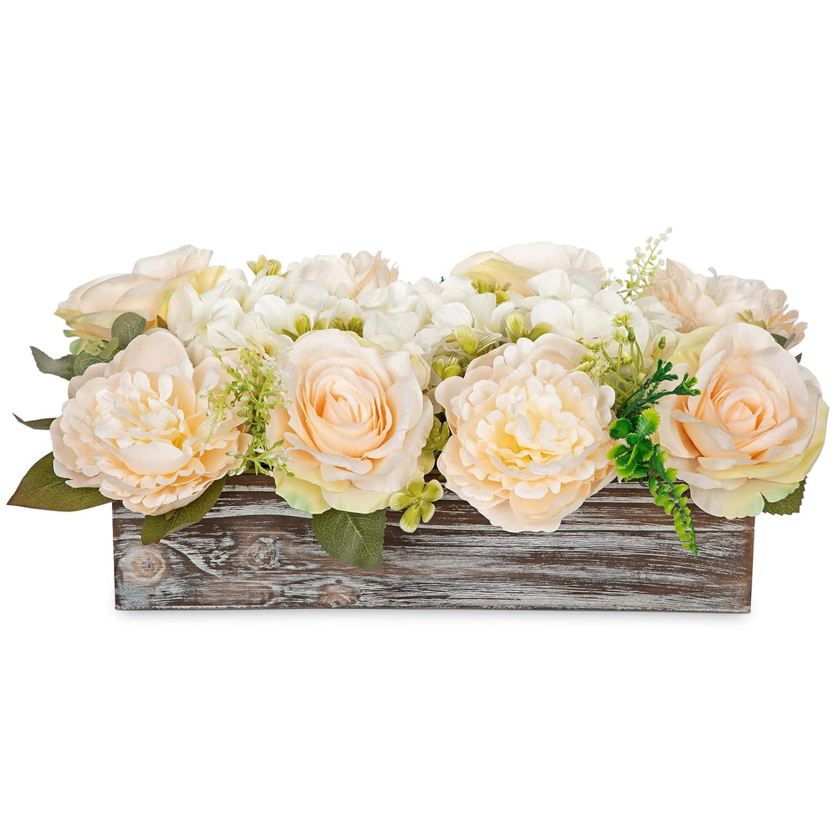 Flower Arrangement With Wooden Vase 14" Artificial Flowers In Pot - Fake Flowers Roses Peonies Hydrangeas In Wooden Vase Potted Flower Centerpieces For Table Decor Living Room - Pale Yellow