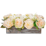 Flower Arrangement With Wooden Vase 14" Artificial Flowers In Pot - Fake Flowers Roses Peonies Hydrangeas In Wooden Vase Potted Flower Centerpieces For Table Decor Living Room - Pale Yellow