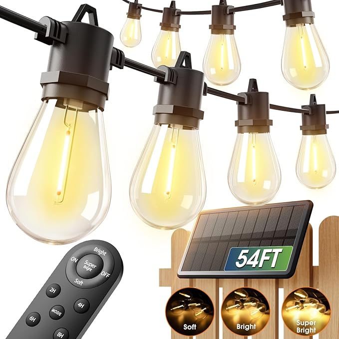 54FT Solar String Lights Outdoor Waterproof with USB Charging & Remote Dimmable Patio Lights