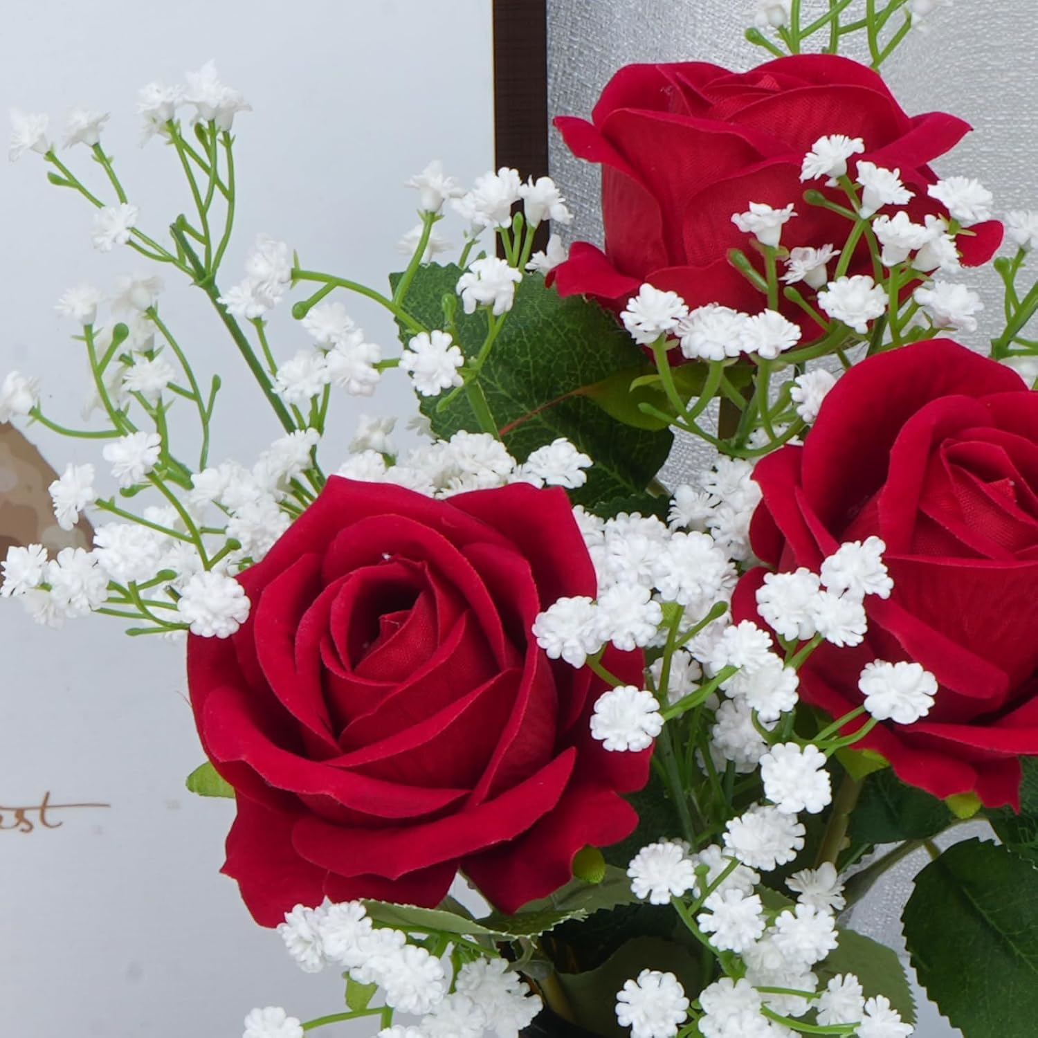 Fake Flowers Artificial Flowers Decorative Bouquet With Faux Baby'S Breath, Velvet Roses Small Floral Arrangements For Wedding Table Centerpieces Home Décor