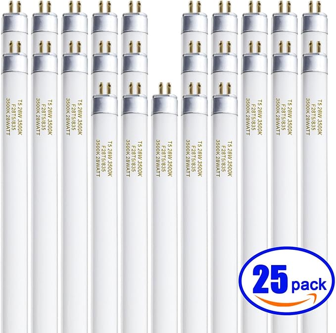 25 Pack 46 Inch T5 Fluorescent Tube Bulbs 28W 3000K Soft White G5 Base 2800LM