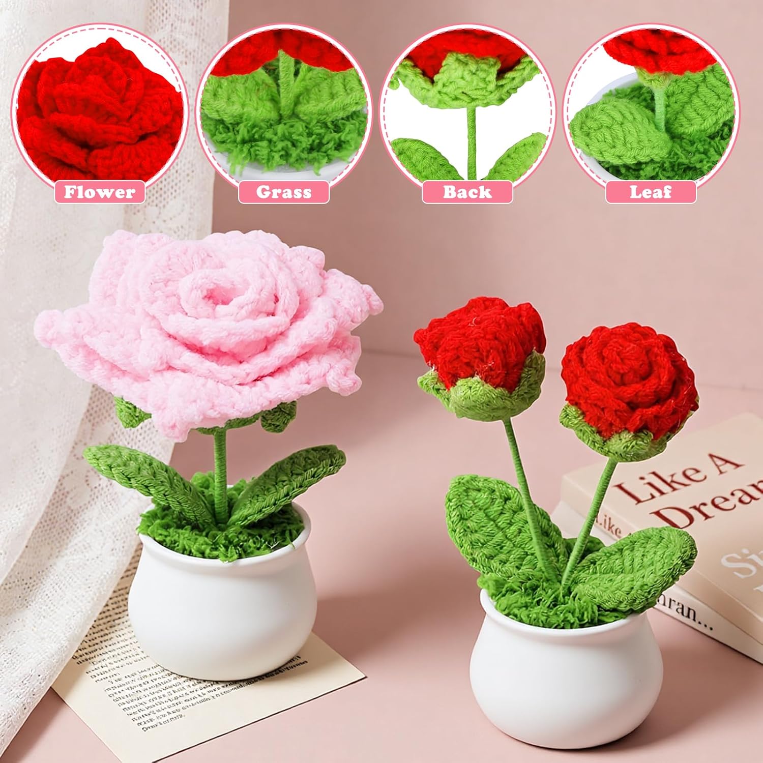 6Pcs Knitting Crochet Flowers Potted Plants, Crochet Flowers Artificial,Small Potted Knitted Home Office Decor Mothers Day Valentines Day Birthday Gifts
