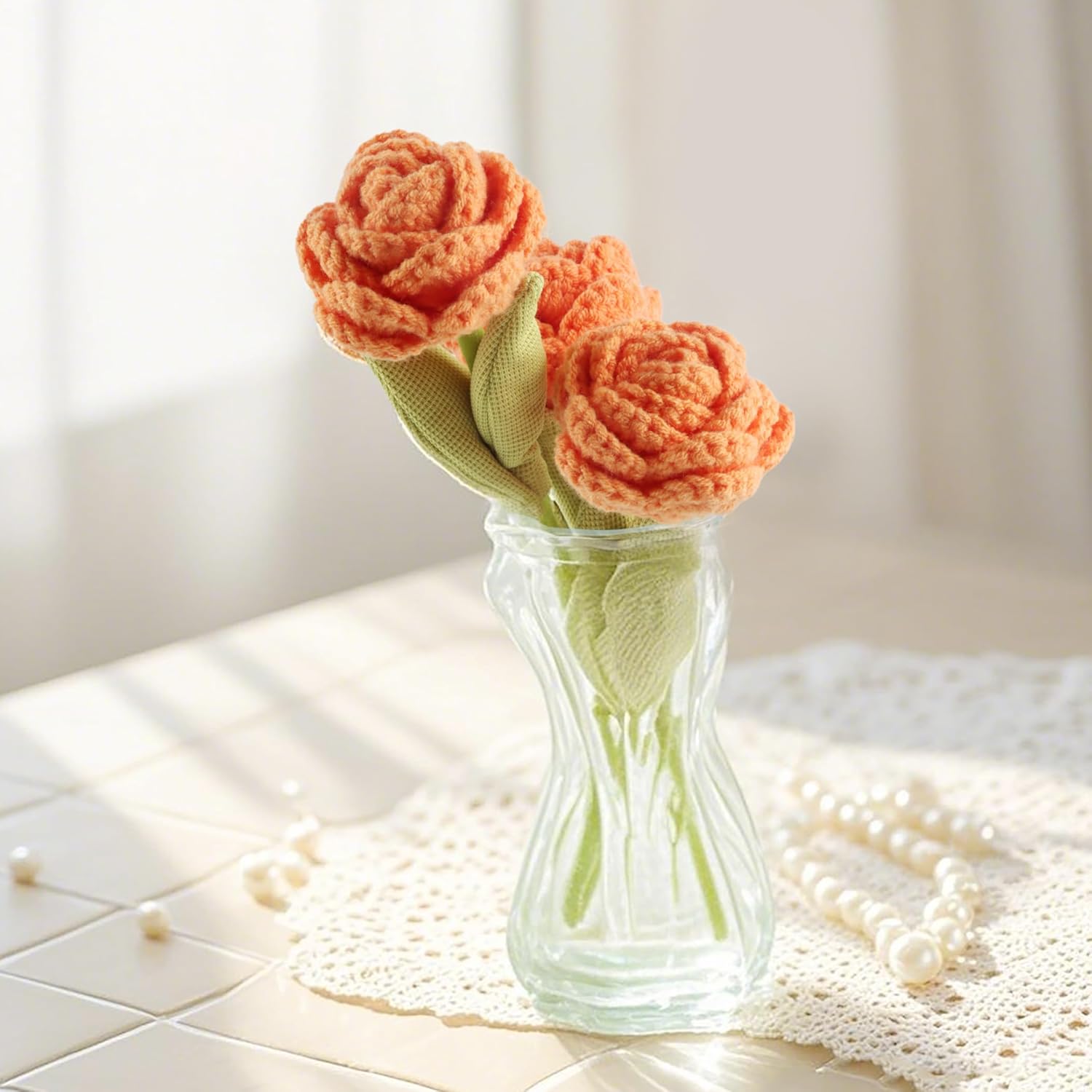 3Pcs Orange Handmade Crochet Artificial Flowers, 9" Knitted Fake Flower For Home Kitchen Wedding Table Decor