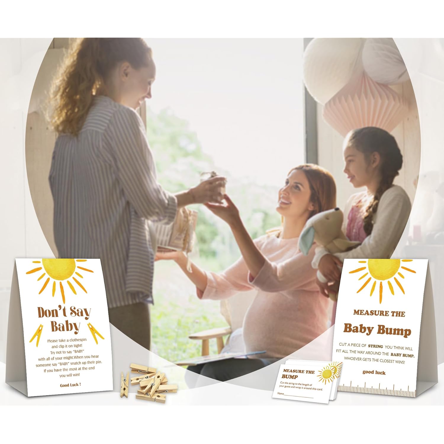 2 Here Comes The Sun Baby Shower Game,Don'T Say Baby Clothespin Games,Measure The Baby Bump,Baby Shower Decorations,Baby Shower Game Gender Neutral,Baby Shower Package,Funny Baby Shower Games-2