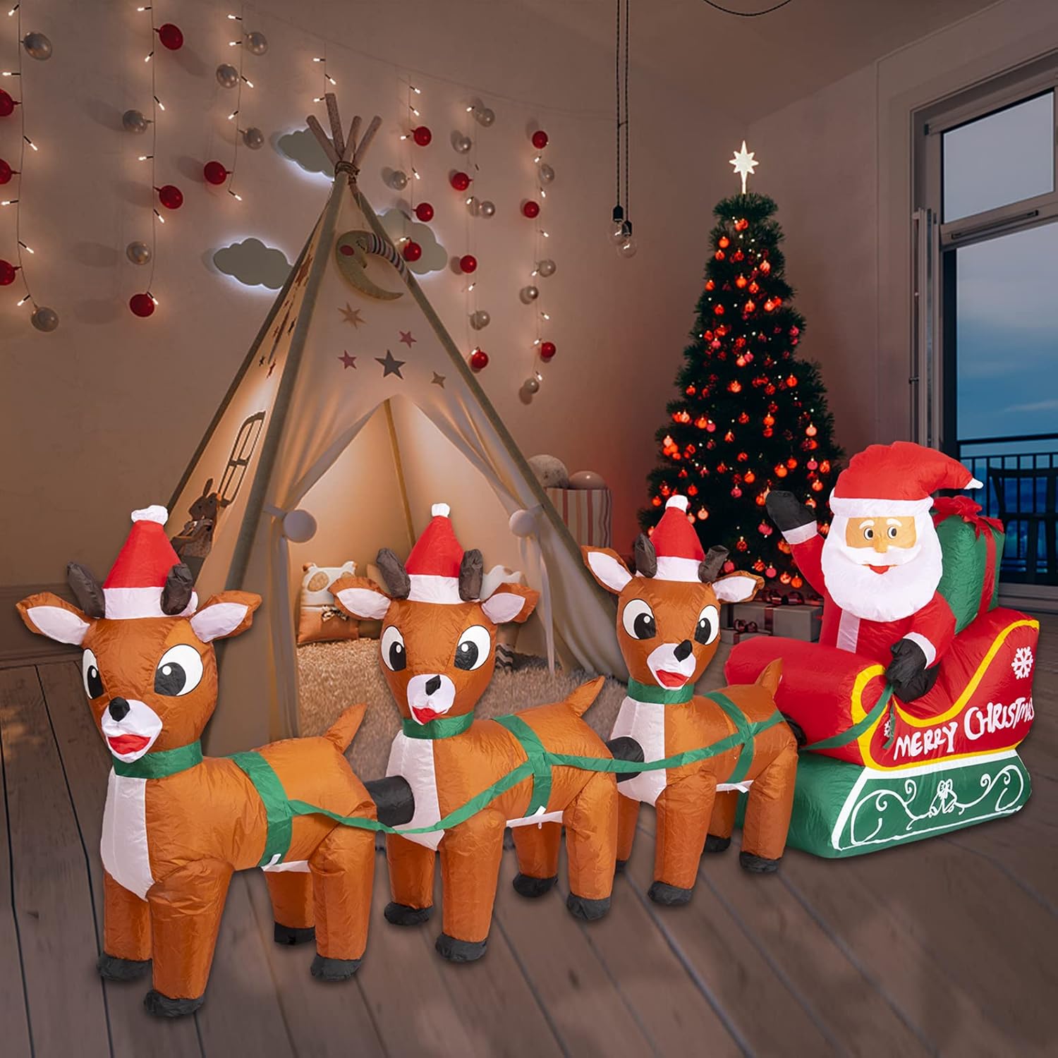 8Ft Christmas Inflatables Outdoor Decoration Christmas Blow Up Yard Decorations Inflatable Santa Claus On Sleigh With Re