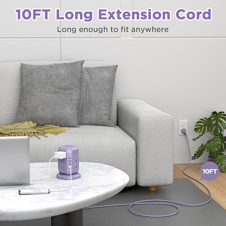 USB C Power Strip Tower 12 Outlets 4 USB Ports 10FT Cord 1200J Surge Protector Purple