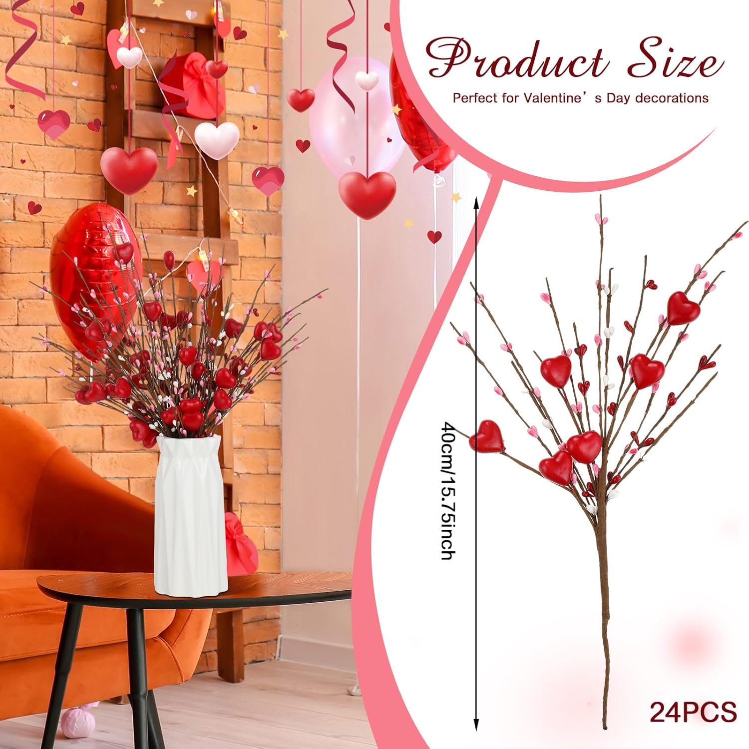 24 Pcs Valentine'S Day Artificial Berry Flower Stems Heart Shape Floral Picks Sprays Branches For Spring Mother'S Day Xmas Bridal Wedding Decoration Table Decor Vase Filler(Red)