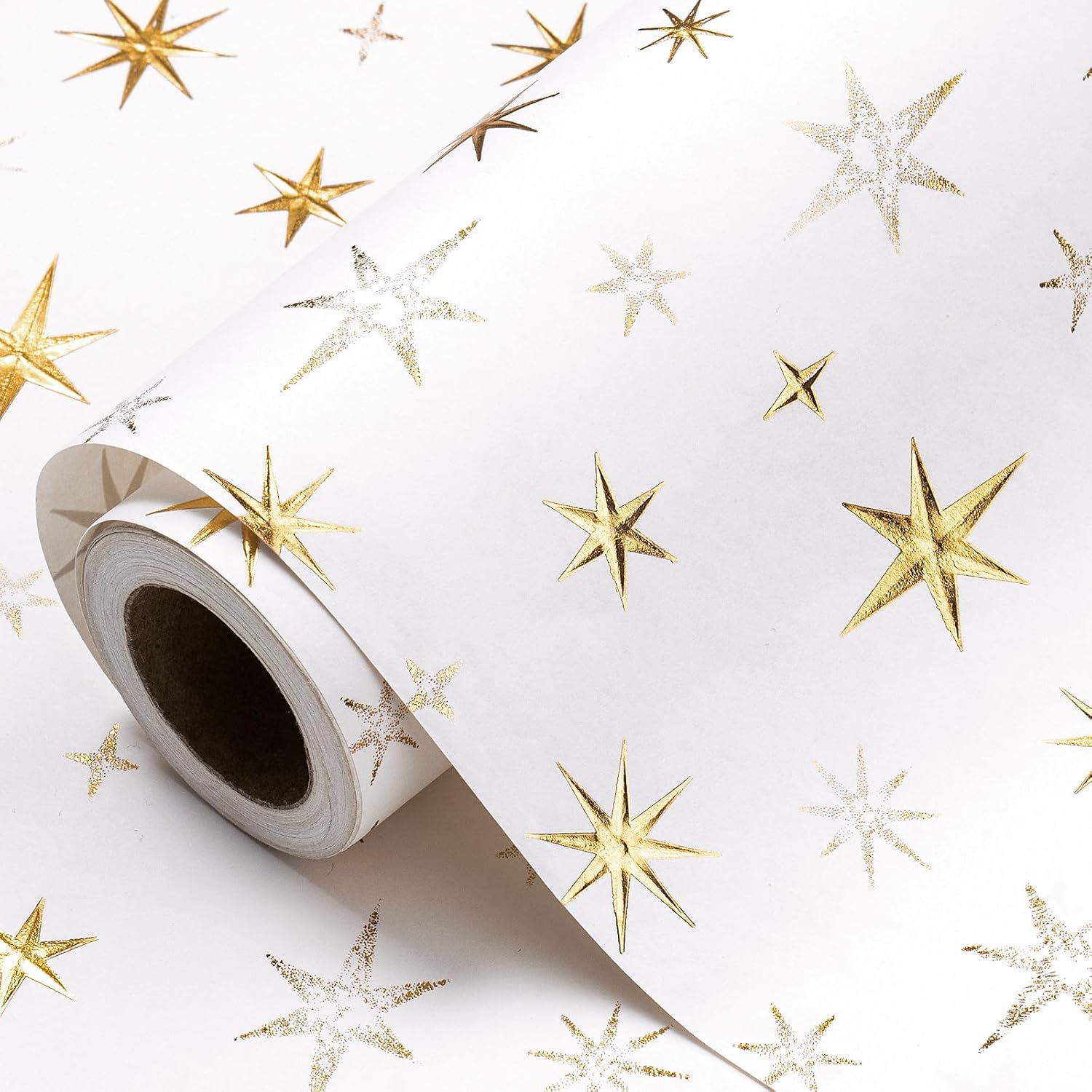 Eid Wrapping Paper Roll, Mini Roll, White And Gold 3D Embossed Foil Star Design, White Kraft Gift Wrap Paper For Ramadan, Birthday, Wedding, Baby Shower, Holiday, 17 Inches X 16.4 Feet