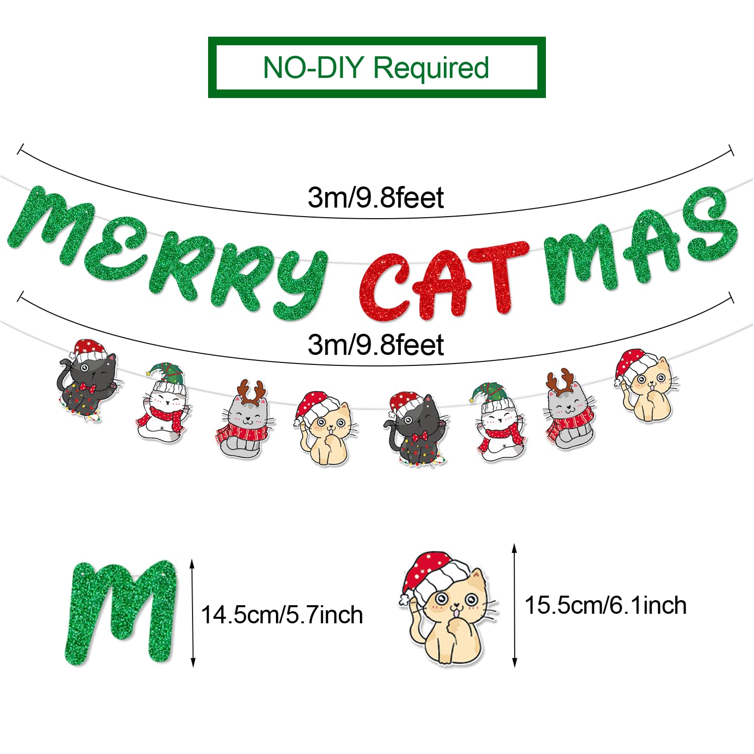 Glittery Merry Catmas Banner With Christmas Cat Patterns Green Red Meowy Christmas Fireplace Wall Garland Cat Themed Merry Xmas Holiday Party Decorations