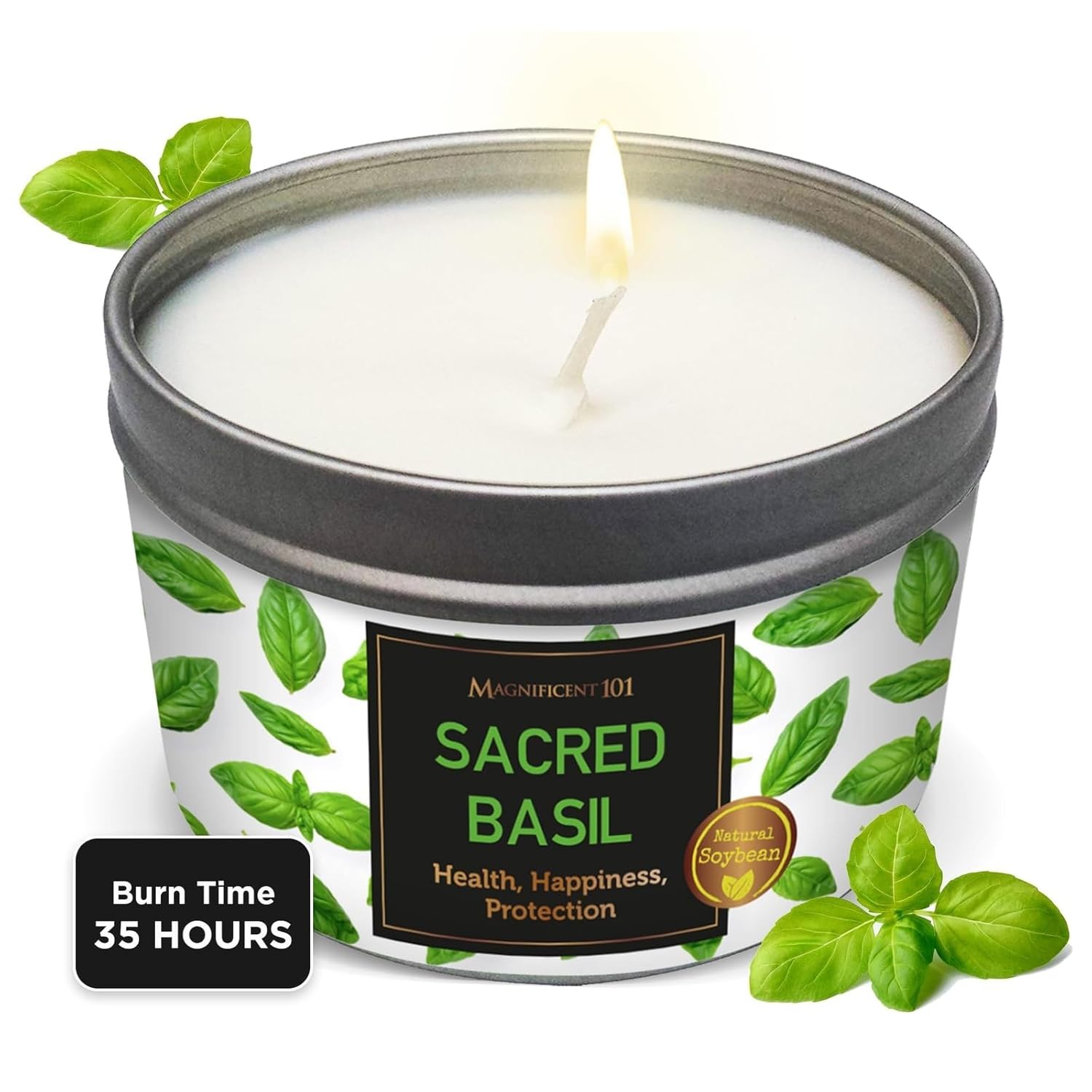 Basil Smudge Candle - 6 Oz Natural Soy Wax - 24H Burn Time & Clean Burn - Negative Energy Cleansing & Protection - Chakra Healing - Manifestation & Positive Energy Candle