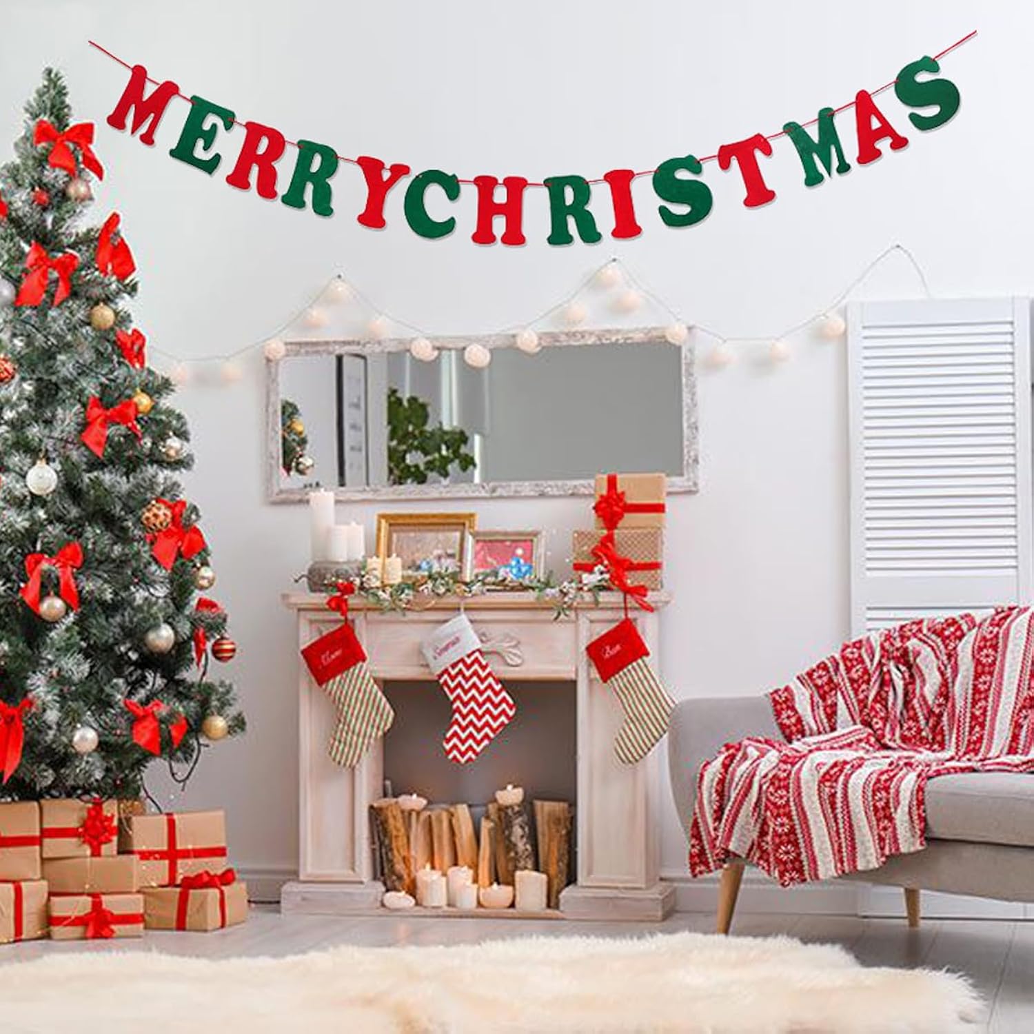 Merry Christmas Banner-Red And Green Merry Christmas Sign Felt Garland For Christma Party Decorations Holiday Mantle Fireplace Home Decor