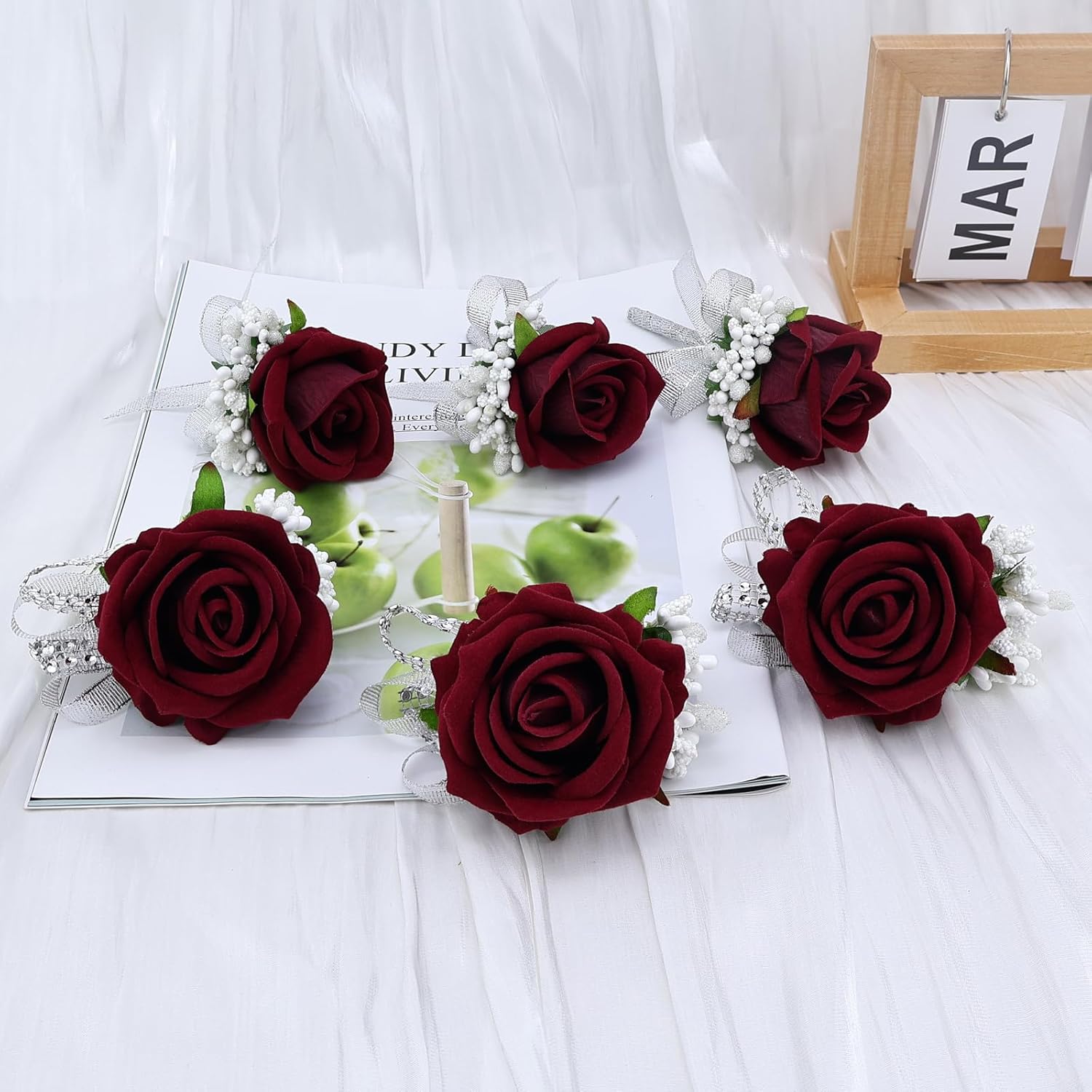 6Pcs Burgundy Corsage And Boutonniere Set, Artificial Rose Wrist Corsage Bracelets Band For Wedding Decorations Prom Party Men Suit Flower Accessories