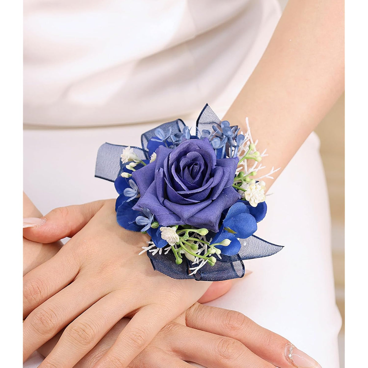 Bridal Prom Rose Wrist Corsage Artificial Flower Pearl Wristlet Bridesmaid Hand Flower Bracelet Wristband For Wedding Ceremony Party (Pearl Flower - Dark Blue)