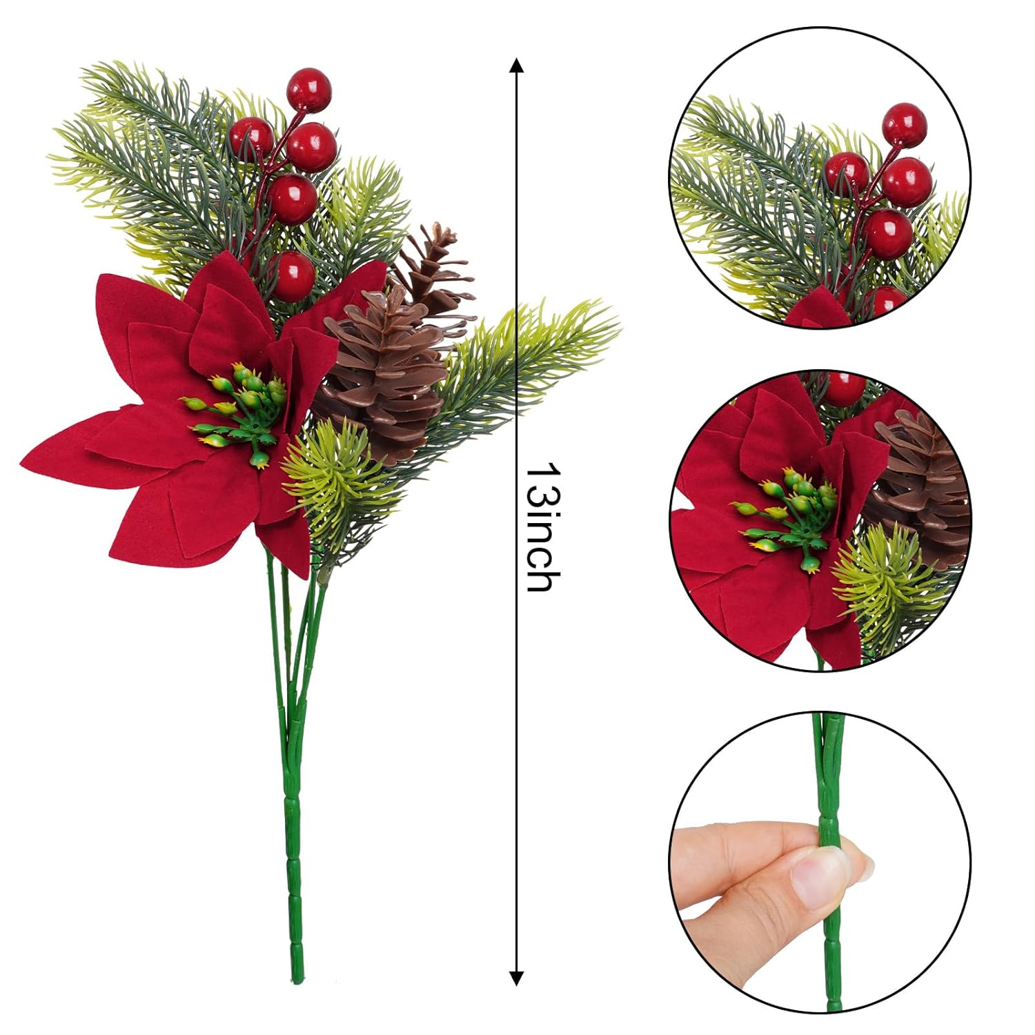 10 Pieces Christmas Flowers Artificial Floral Pine Cones Red Fake Berry Picks For Christmas Party Decoration Table Centerpieces (10)