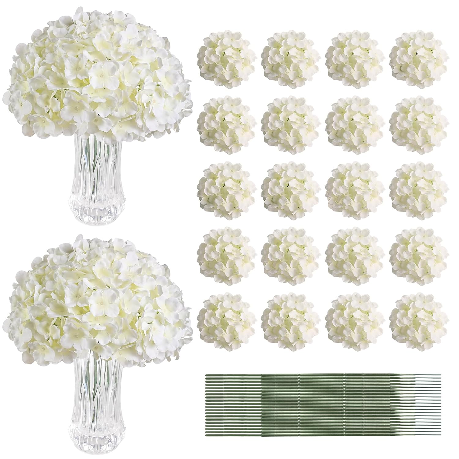 20Pcs White Hydrangea Artificial Flowers, Ivory Faux Hydrangea Flowers, Silk Flowers Heads With Stems, Fake Hydrangeas For Home Decor Wedding Party Centerpieces Diy Floral Arrangements