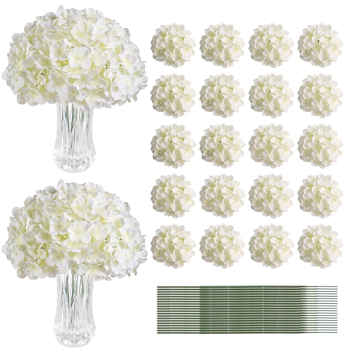 20Pcs White Hydrangea Artificial Flowers, Ivory Faux Hydrangea Flowers, Silk Flowers Heads With Stems, Fake Hydrangeas For Home Decor Wedding Party Centerpieces Diy Floral Arrangements